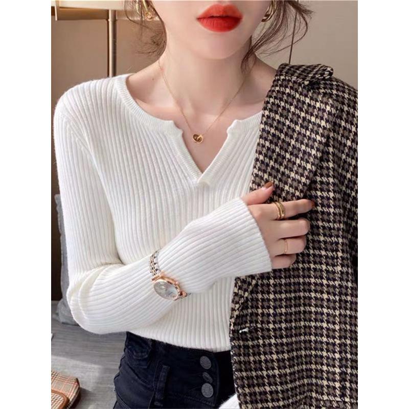 Long Sleeve Knit Top Spring Autumn Women Tight Fit V Neck Sweater Layer Base Layer Slim Fit Shirt