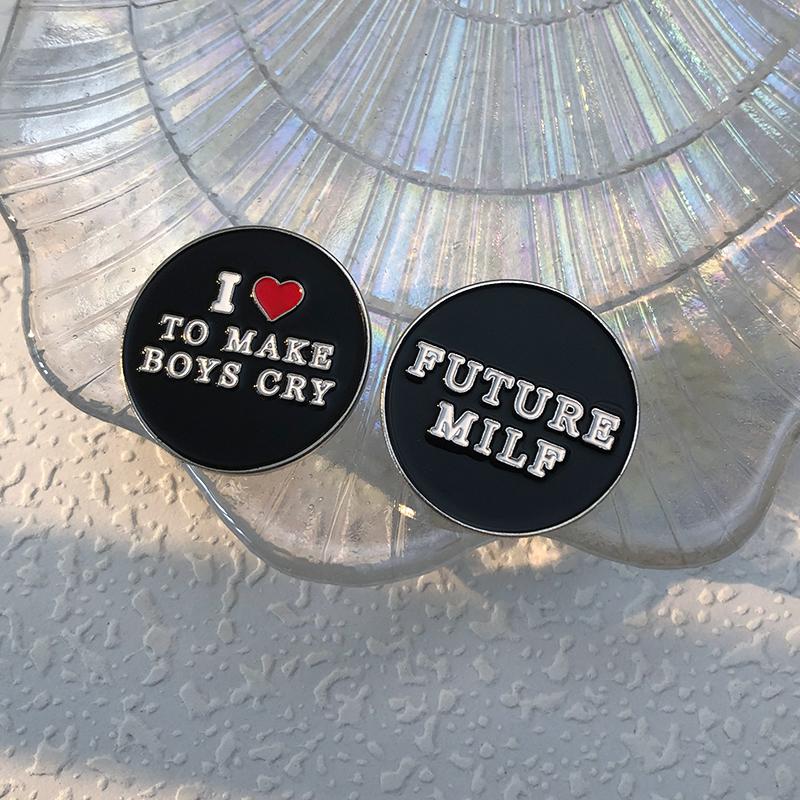 I Love Me Enamel Pins Custom Brooches I Love Emo Boys Future Milf Lapel Badges Black Heart Punk Jewelry Gift for Friends