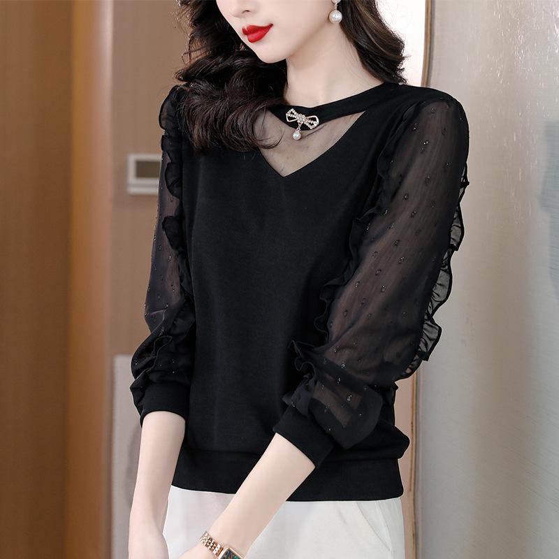 

Черная рубашка-бомбер для женщин с длинными рукавами, зимняя новая модная рубашка высокого класса с шифоновым верхом 3XL чёрный