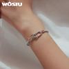 WOSTU DIY 925 Sterling Silver Leather Bracelet Light Blue Braided Rope with Interlocking Clasps Fit For Charms Bead for Women