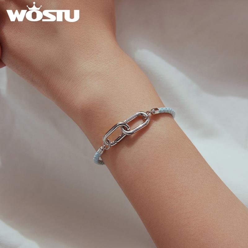 WOSTU DIY 925 Sterling Silver Leather Bracelet Light Blue Braided Rope with Interlocking Clasps Fit For Charms Bead for Women
