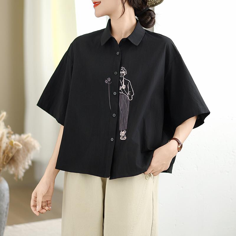 DIMANAF 2026 Women Plus Size New Summer Blouse Shirt Short Sleeve Casual Loose Embroidery Lady Tops Shirts Cotton