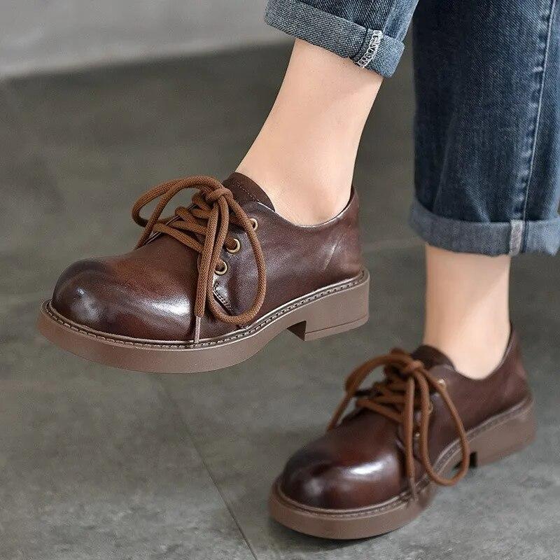 Johnature Low Heel Pumps Genuine Leather Lace-up Versatile Retro British Style Round Toe Women's Shoes