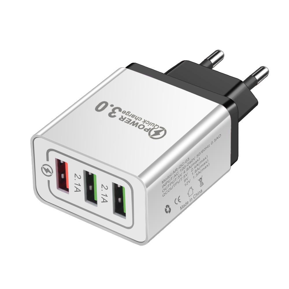 QC3.0 3-Port USB Fast Charger 5V/9V/12V for Travel (US/EU)
