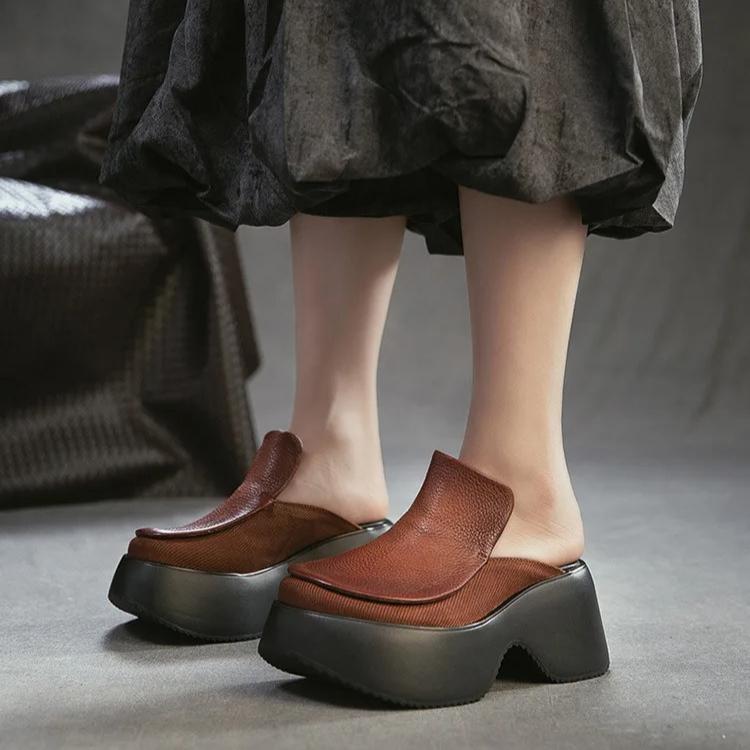 Johnature Height Increasing Outdoor Platform Slippers Genuine Leather Round Toe Thick Soled Women's Shoes