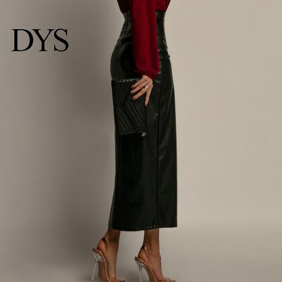 Hip Skirt Midi High Waist Artificial Leather with Slit Design Pure Versatile Color Slimming Fit Office Lady Work Leisure Daily Wear Women Waisted