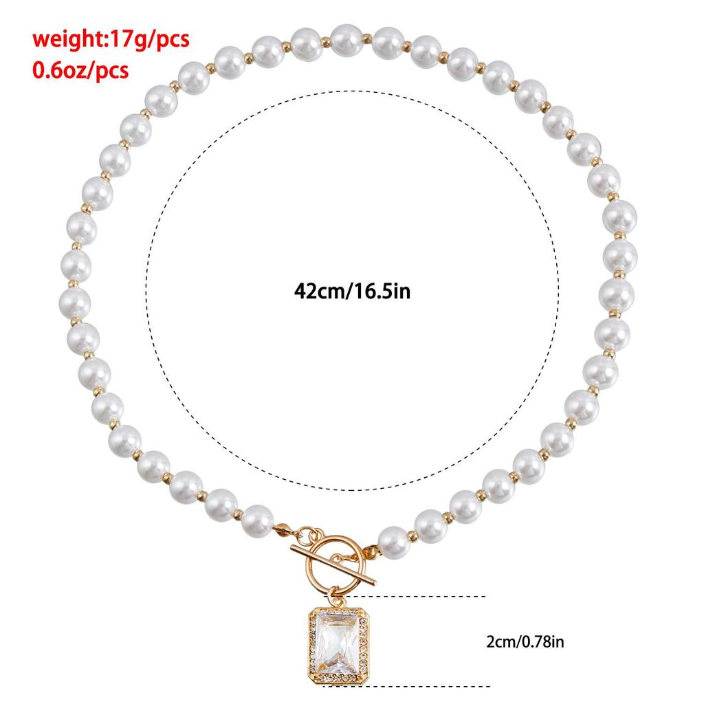 Luxury Imitation Pearl Necklace with Beaded OT Buckle & Rectangular Micro-Inlaid Diamond Pendant