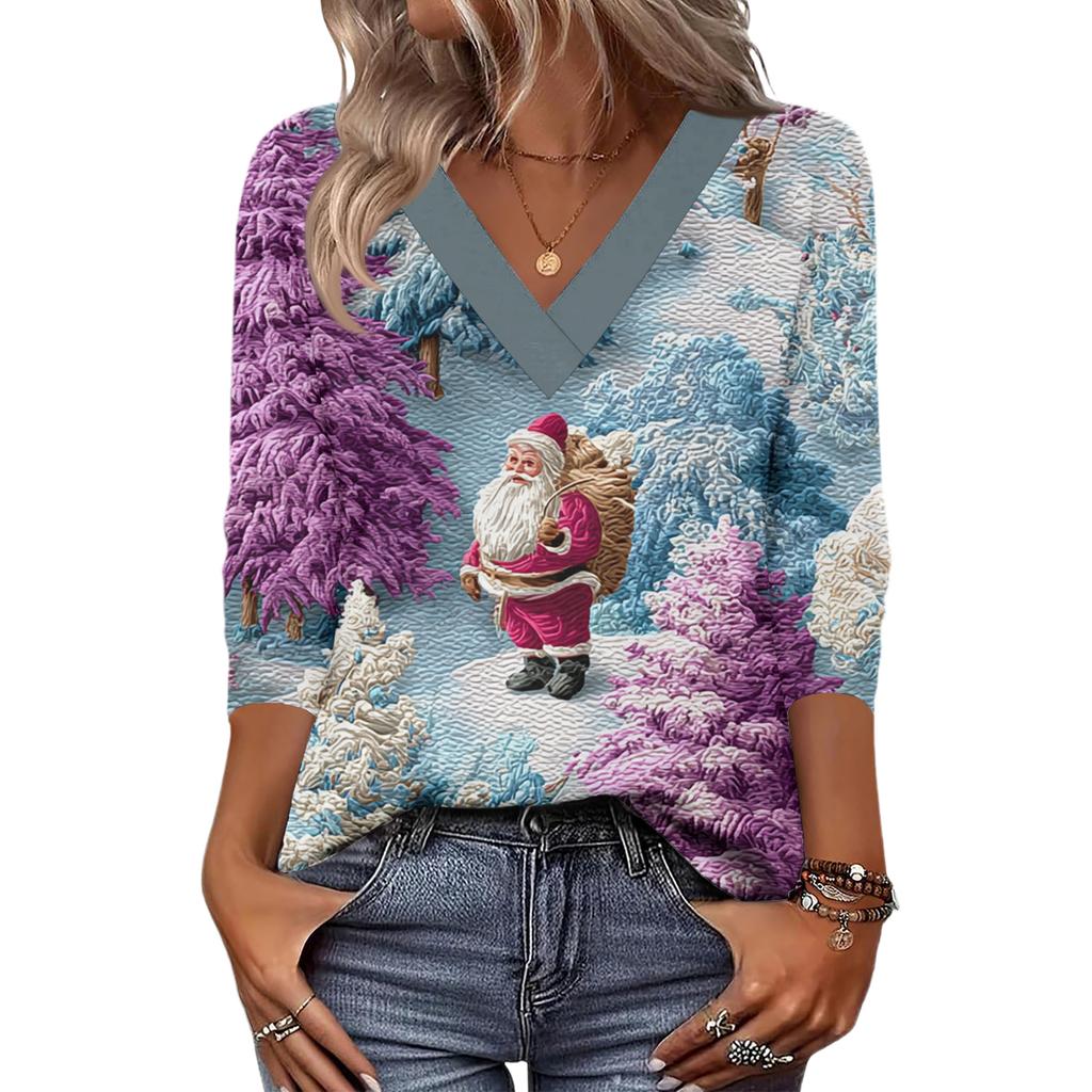 Women's Loose Comfortable Casual Fashion V-Neck Christmas Print 3/4 Sleeve Top
