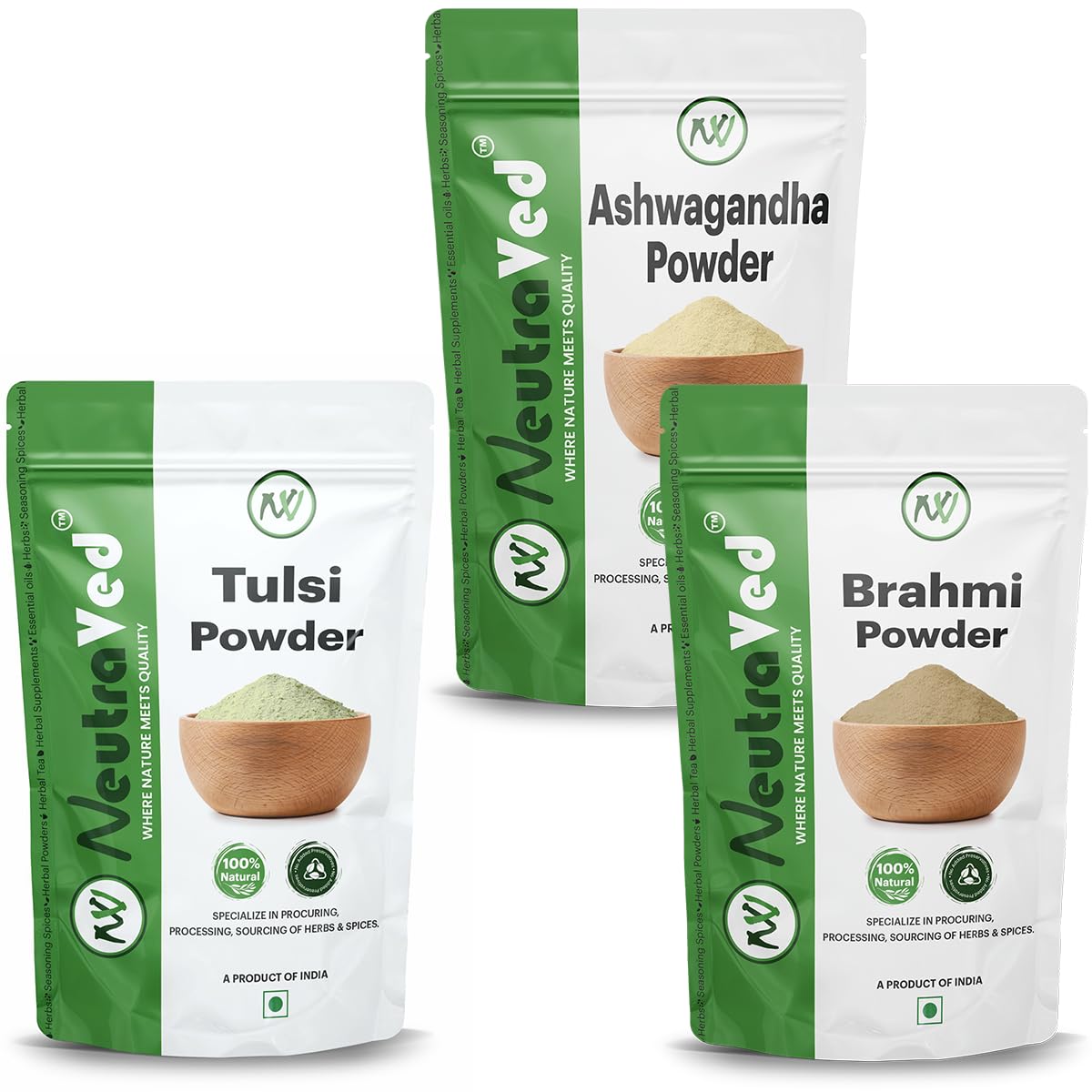 NeutraVed Ashwagandha Root Powder, Brahmi Powder, Tulsi Powder Herbal Tea Pack 300g