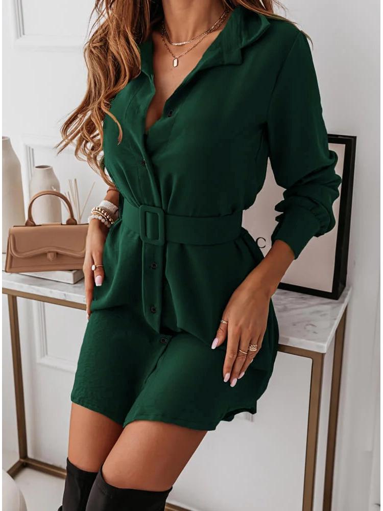 2022 Autumn/Winter Slimming Belted Long Sleeve Collared Dress