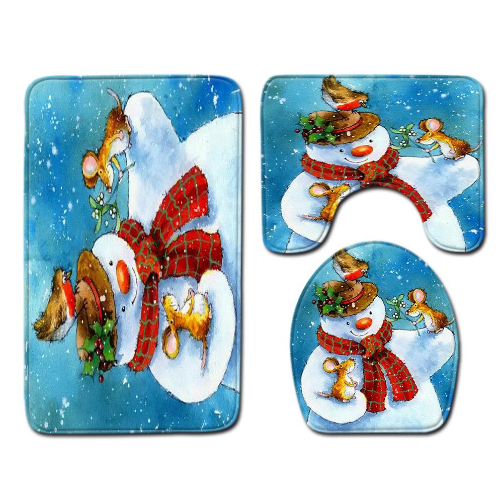 Christmas Shower Curtain Floor Mat Combination Four-Piece Set Bathroom Toilet Carpet Shower Room Mat Foot Mat