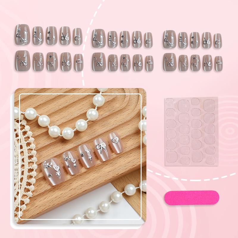 30-Piece European Silver Cat's Eye Bow Star Short Press-On Nails