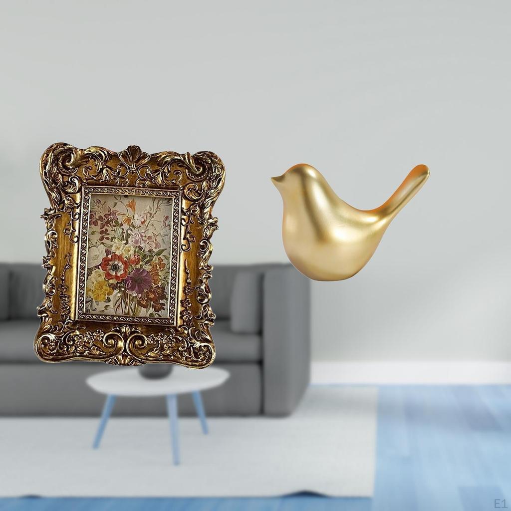 Hand Carved Floral Photo Frame with Golden Birds Figurine Antique Picture Holder And Statue for