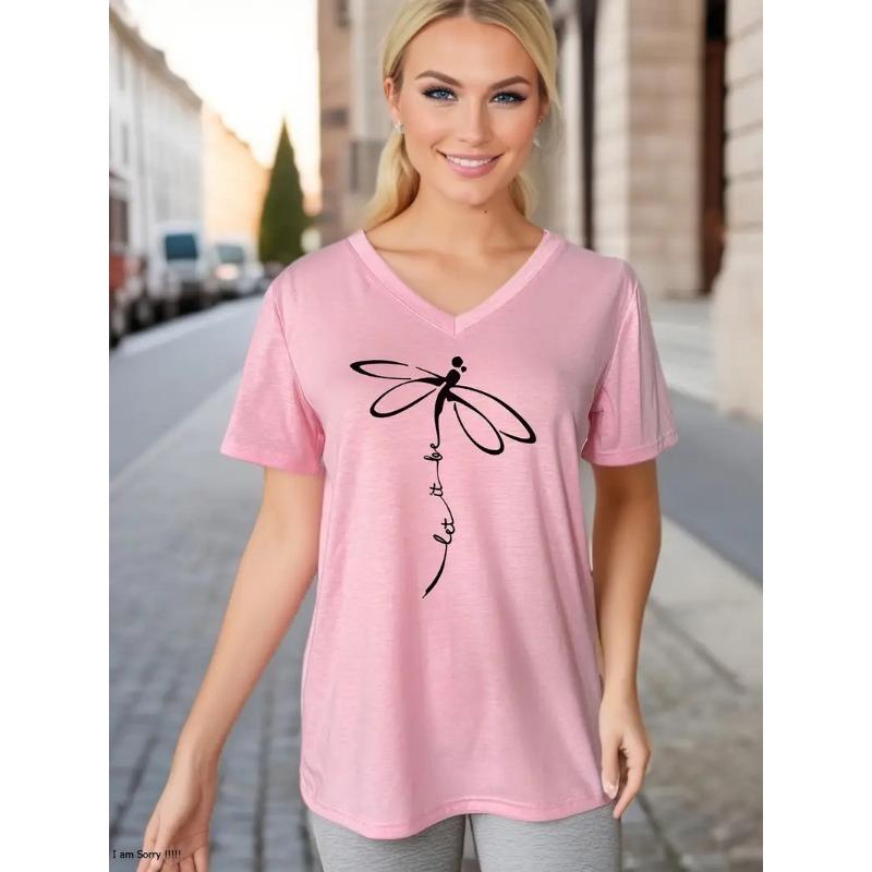 Summer V-neck 3D Dandelion Dragonfly Pattern Printed Top Fashionable Casual Short Sleeved Women's T-shirts