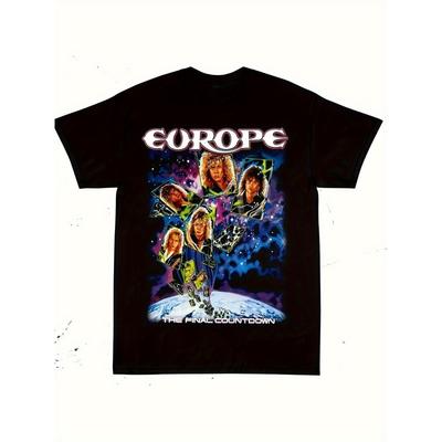 Herren Vintage Europa Heavy Metal Band Grafik T-Shirt - Schwarz Retro 80er Rock Tee mit Final Countdown Album Cover & Ikonischem Logo - Atmungsaktiv Medium