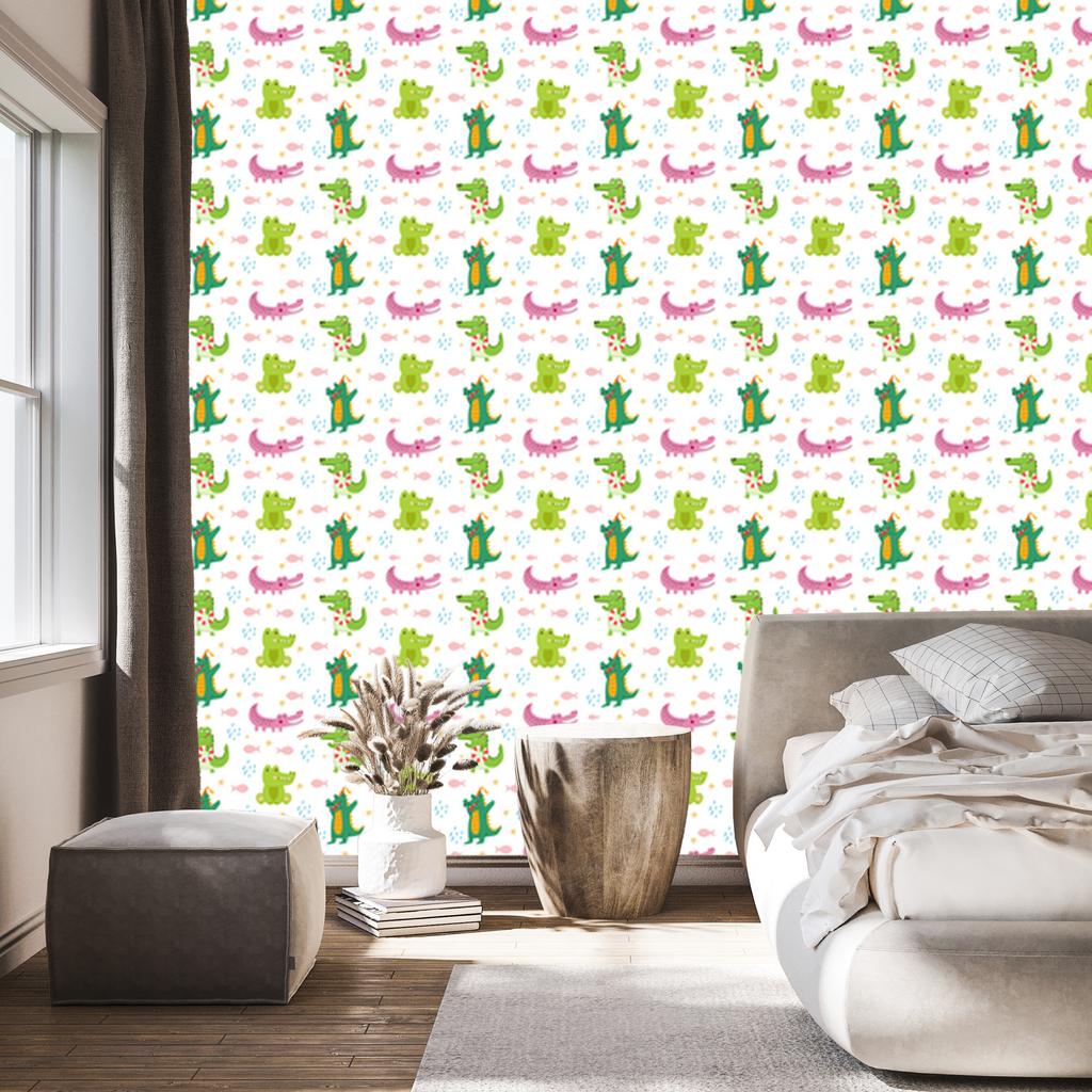 Crocodile wallpaper in white, lime and powder pink for the living room and bedroom 50x1000