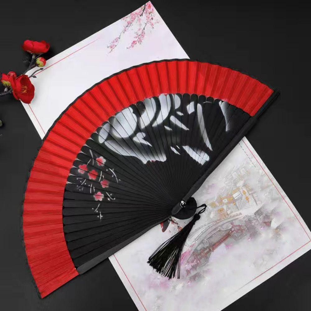 Chinese Style Blossom Printing Folded Fan Exquisite Retro Elegant Handheld Fans Portable with Tassel Tassel Folding Fan