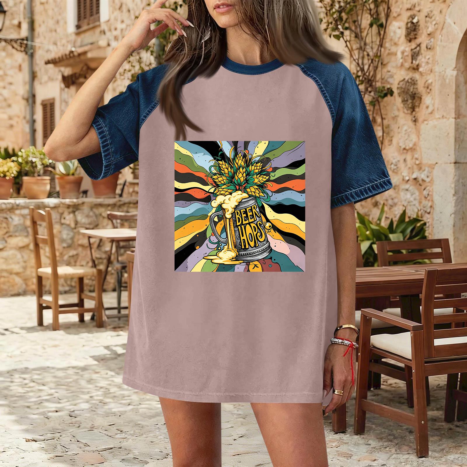 

Casual Women Denim Patchwork Short Sleeve T Shirt Oktoberfest Print Comfortable Loose Fit Top M рожевий
