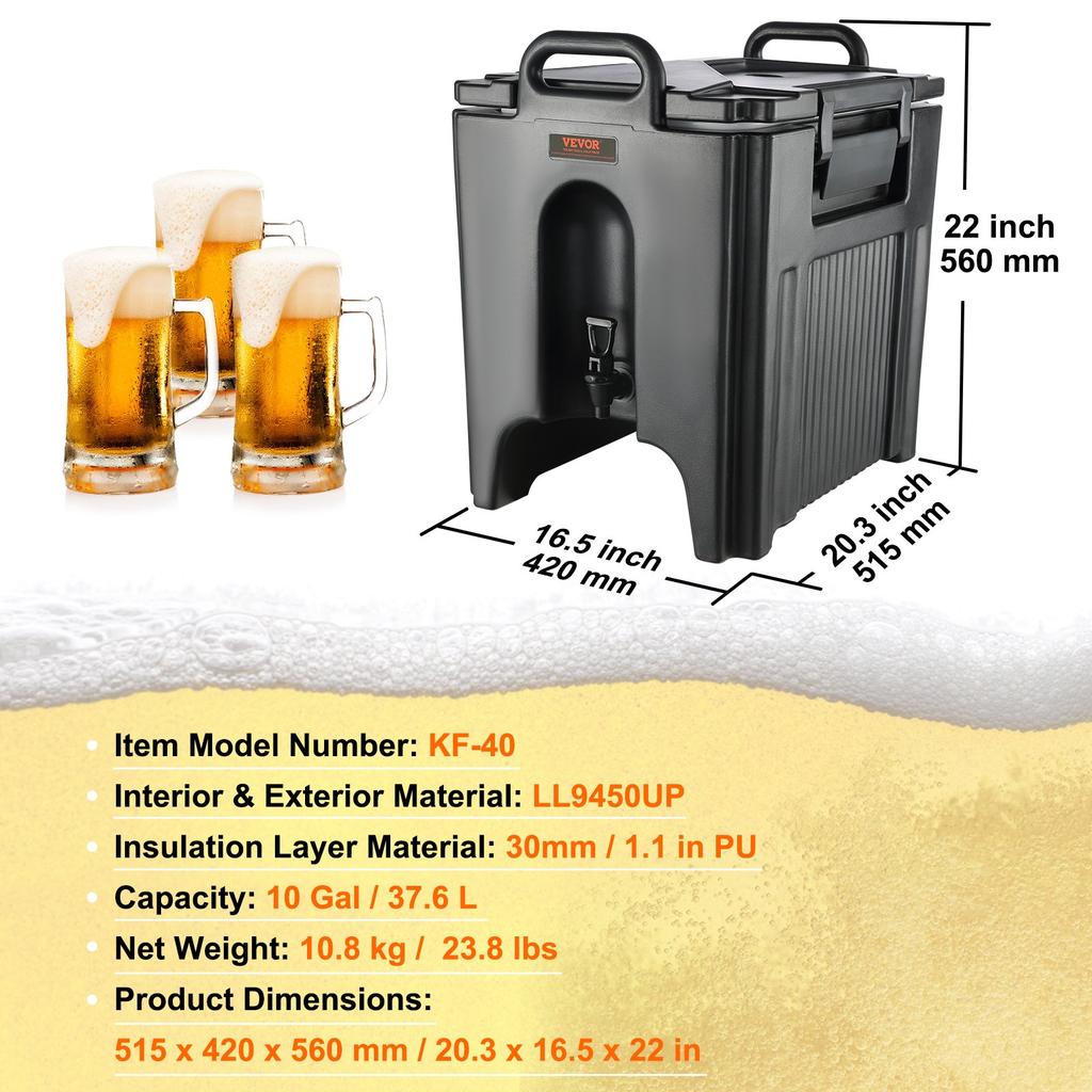 VEVOR Insulated Beverage Dispenser, 37.9 L, Food-grade LL9450UP Hot and Cold Beverage Server