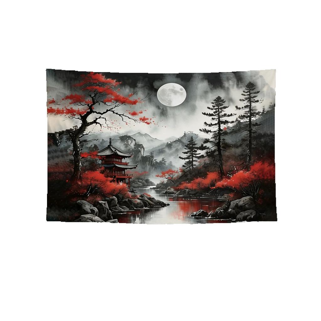 Japanese Ink Landscape Tapestry Red Maple Moonlit Temple Polyester Wall Hanging for Living Room Bedroom Asian Art Mountain Riv