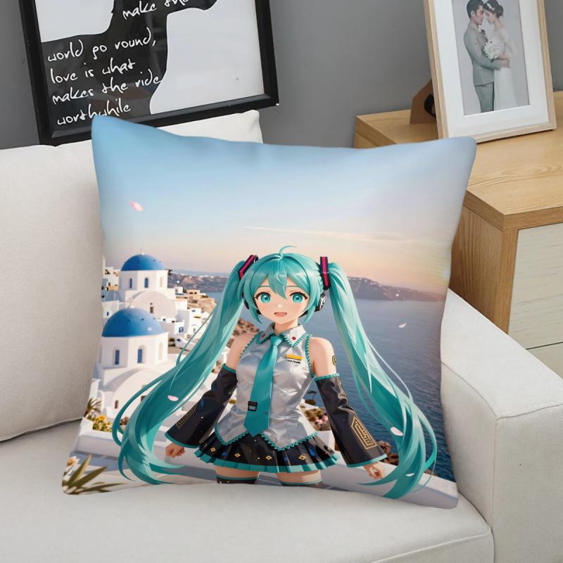 Hatsune Miku Santorini Sunset Throw Pillow With Core Anime Girl Cushion For Gaming Room Teens Room Sofa Bedroom Decor Fans Gift
