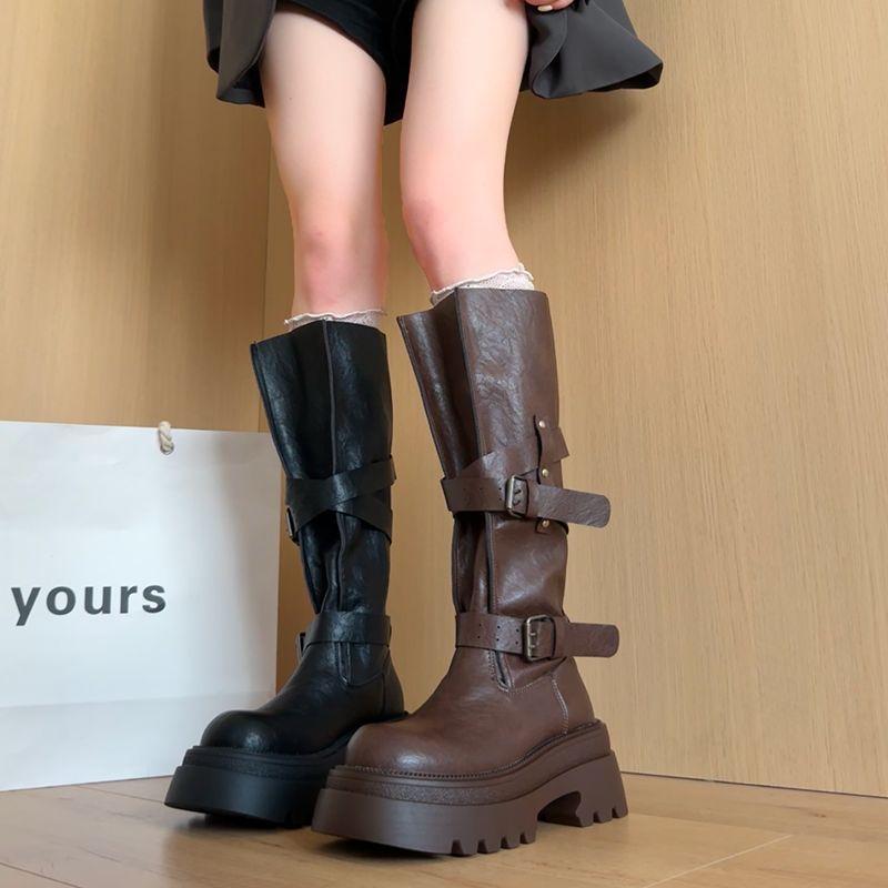 Fashion versatile retro belt buckle locomotive boots 2025 autumn new women's small thick-soled heightening knight boots