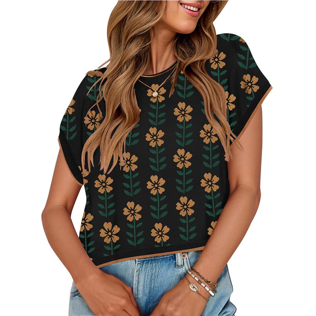Women's Fashion Solid Color Round Neck Short Sleeved Knitted Small Flower Sweater Short Top