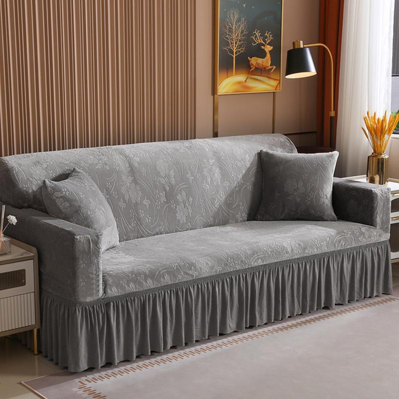 Elegant Stretchable Sofa Cover with Skirt for 1/2/3/4 Seater Soft Velvet Non-Slip Elastic Luxury Solid Color
