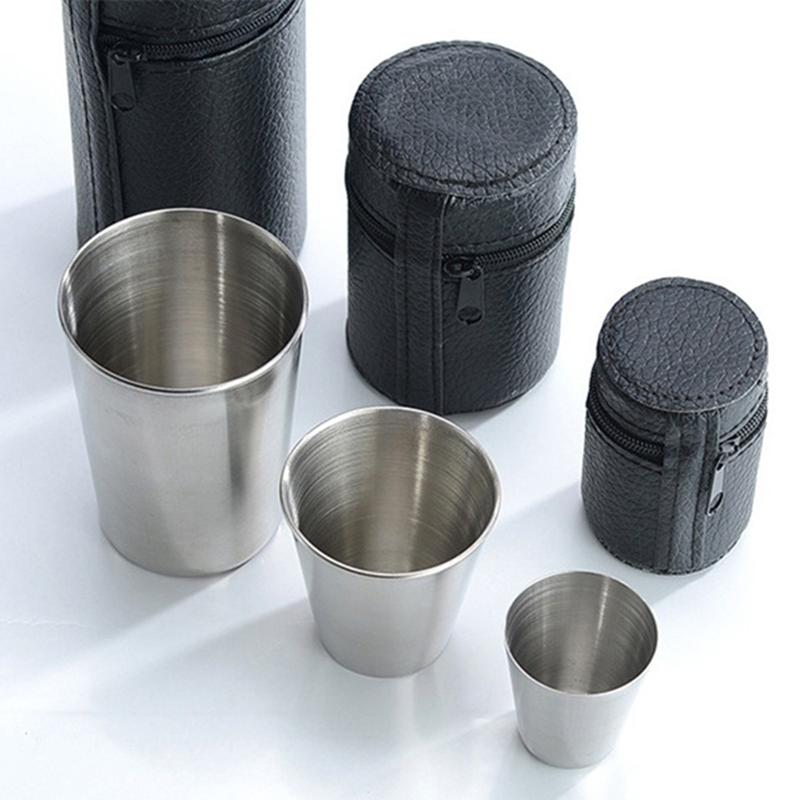 4Pcs Stainless Steel Mugs with Cup Cover Outdoor Portable Wine Cup 30ml/70ml/170ml Mini Reusable Mugs for Juice Beer Whisky