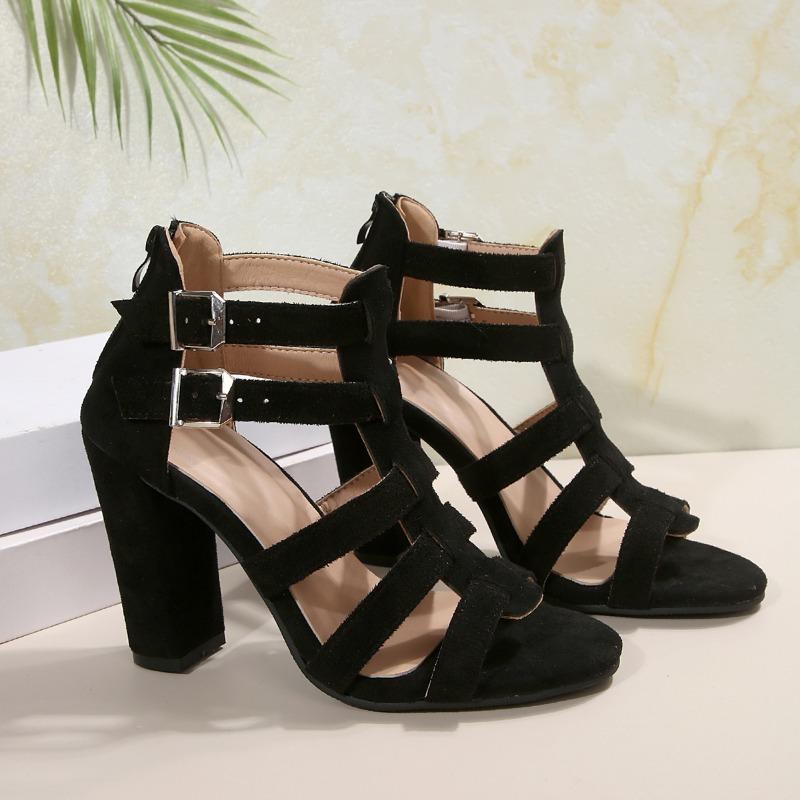 Fashion Roman Sandals New Fashion Round Toe Breathable Cutout Block Heel One Buckle Strap Rear Zip Fish Mouth Pump