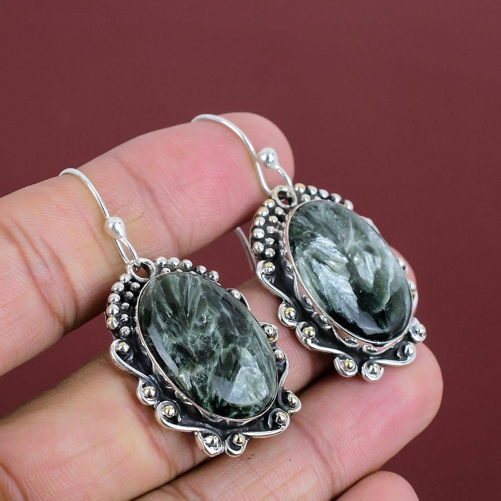 Seraphinite Earrings Gemstone Earring 925 Sterling Silver Earring Handmade Earring Natural Seraphinite Jewelry Gifts For Wife Dainty Earring