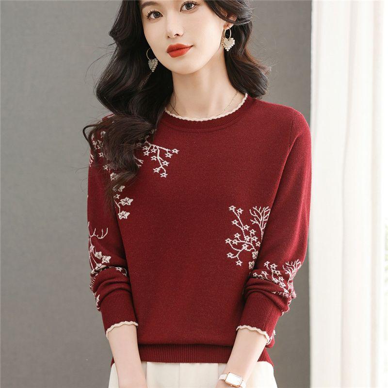 Winter Women's Wool Sweater  Crew neck Printed Wool Sweater Soft Warm Knit Pullover