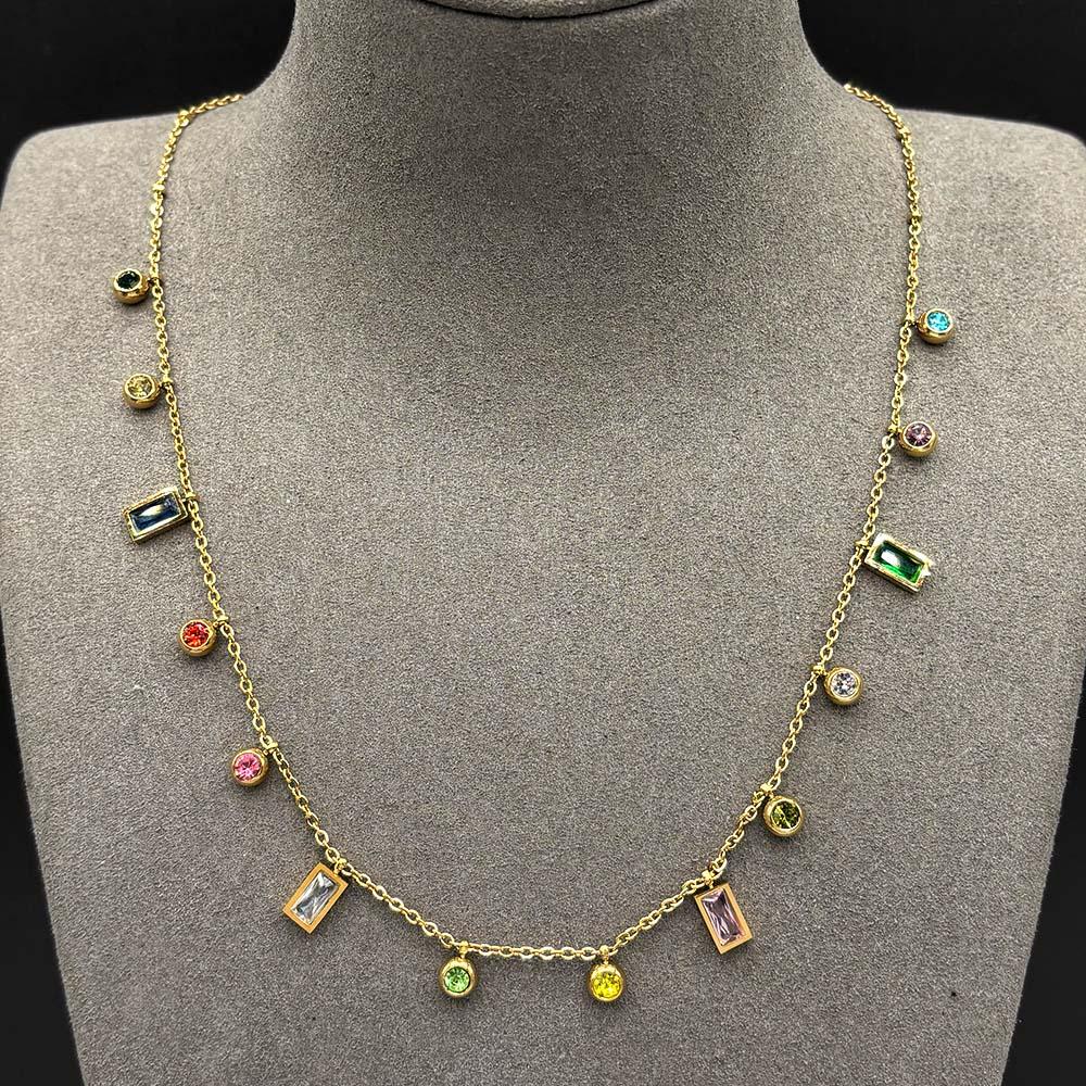 Fashion Round Rectangle Colorful Geometric Zircon Pendant Chain Necklace Choker For Women Stainless Steel Temperament jewelry