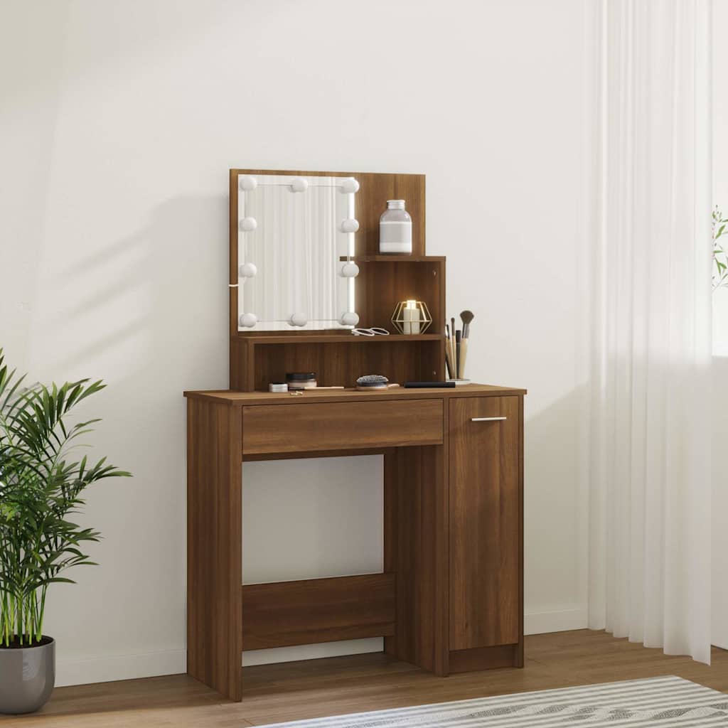 Makeup Table with LED Lights Brown Oak Effect 86.5 X 35 X 136 Cm