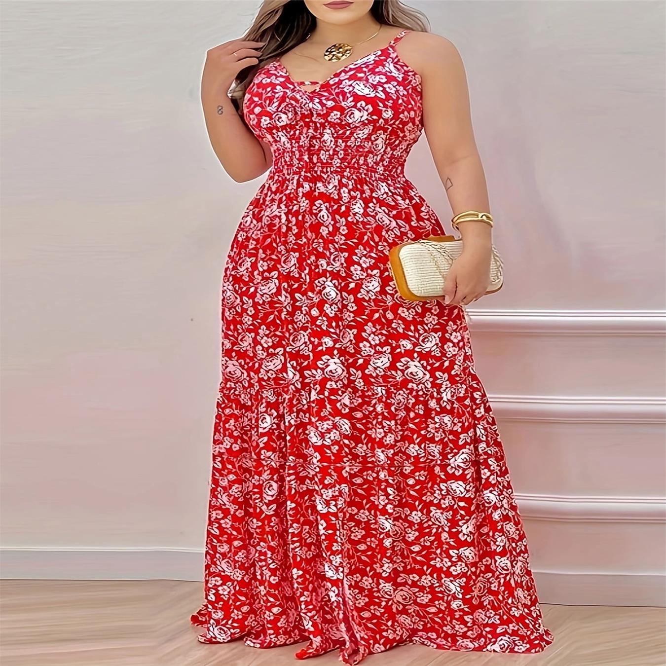 

Женское сексуальное платье с подтяжками и V-образным вырезом, длинное с цветочным принтом XXXL красный