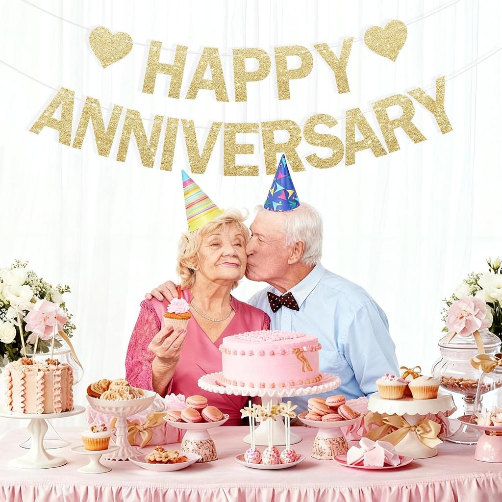 Happy Anniversary Glitter Banner - No DIY - Champagne Gold Happy Anniversary Decorations Banner for Romantic Wedding Birthday Party Decorations