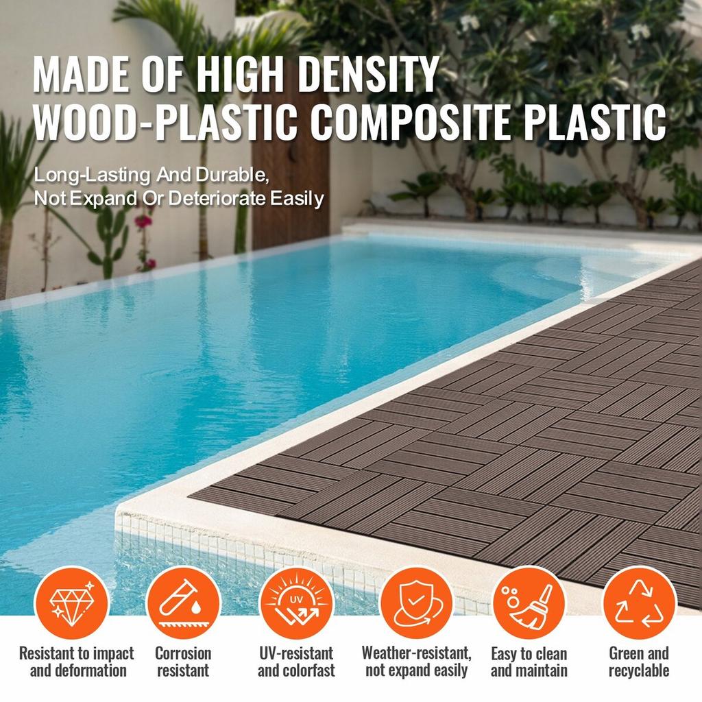 Interlocking Deck Tiles Plastic Wood 10 Pack 12"x12" Waterproof for Porch