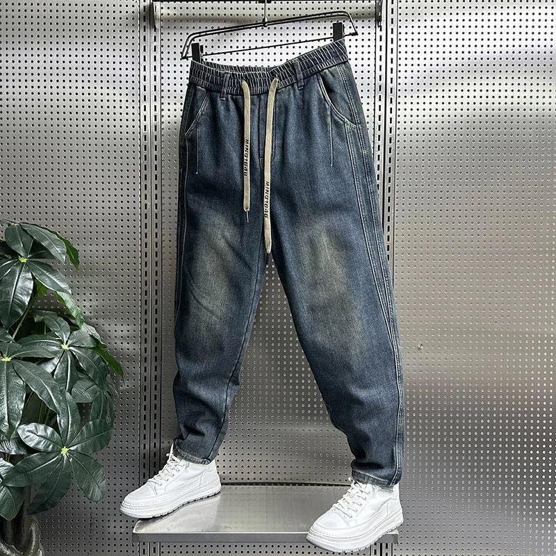 Calça Jeans Masculina JYL Nova Versátil Reta Solta Cropped Patchwork High Street Rasgada Denim