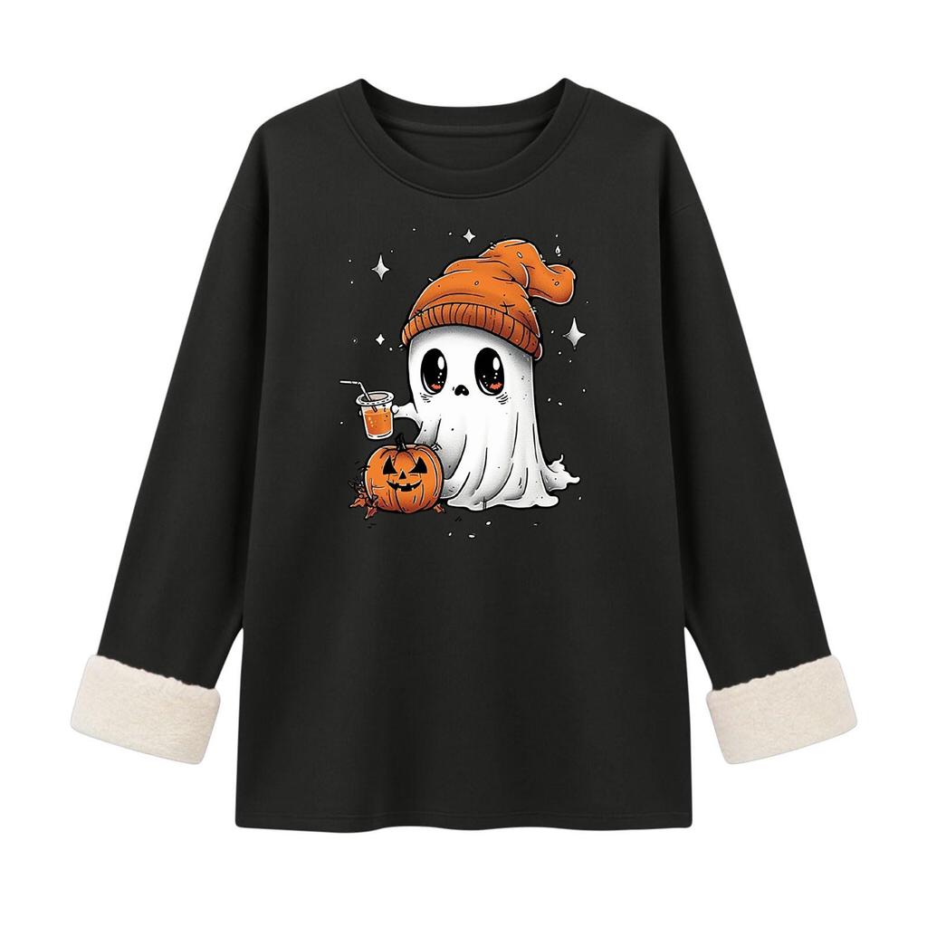 Women's Lined Long Sleeve Round Neck Halloween Print Top for Winter Casual Wear