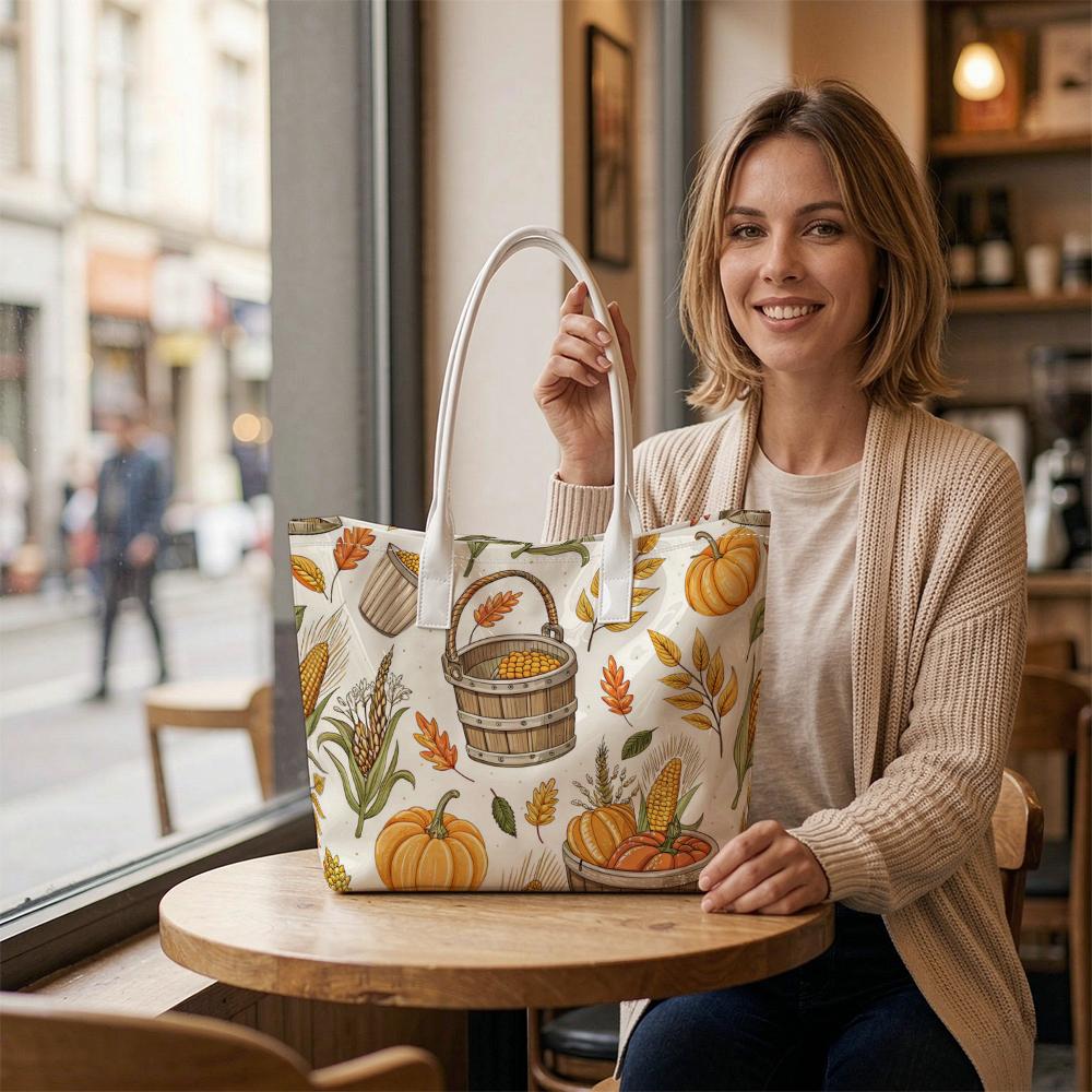Fall Harvest Pattern Tote Bag Autumn Pumpkin Corn Handbag Daily Use
