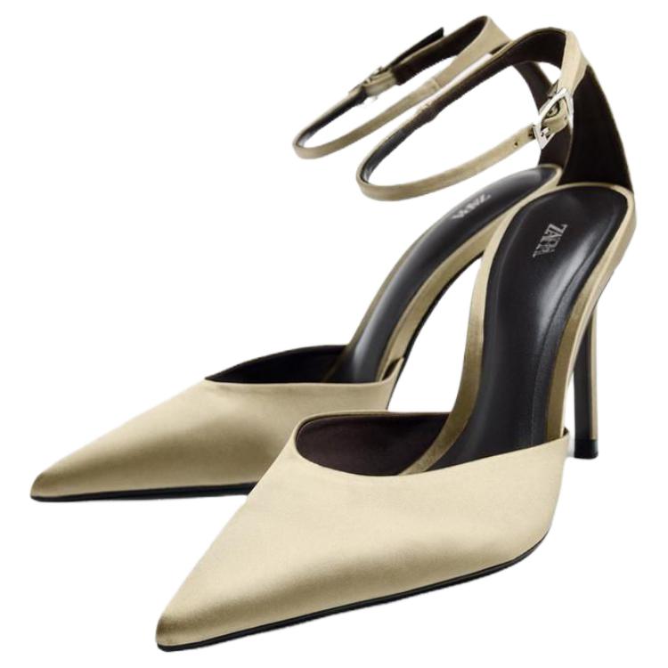 ZARA Satin Pointed Toe Ankle Strap Pumps Khaki Womens 1236610069