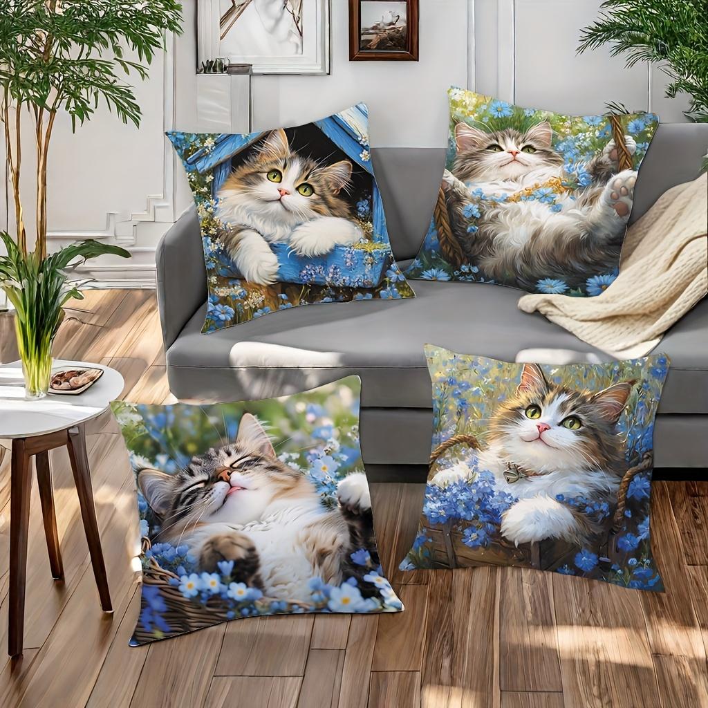 Cute Cat Prints On Blue Flower Decorative Cushions Polyester pillowcase, sofa decorative cushion cov Headboard Pillow