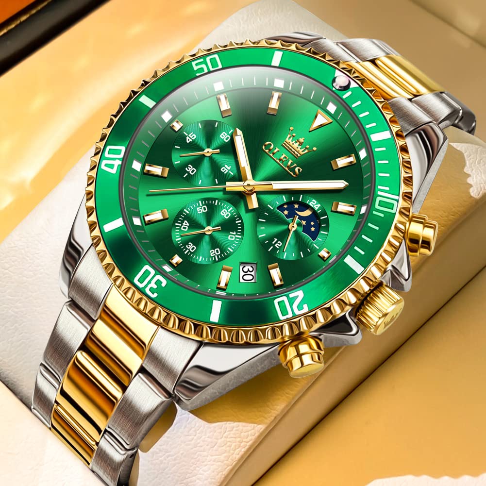 OLEVS Analog Quartz 30M Water Metal Date Silver Stainless Large Green Men's Watch, Resistant, Band, Display, Steel, Dial,