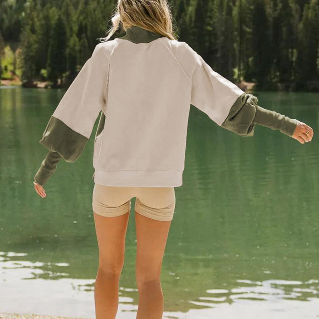 Ladies' Loose And Comfortable Contrasting Color Design With Sleeves Semi High Neck Long Sleeved Hoodie