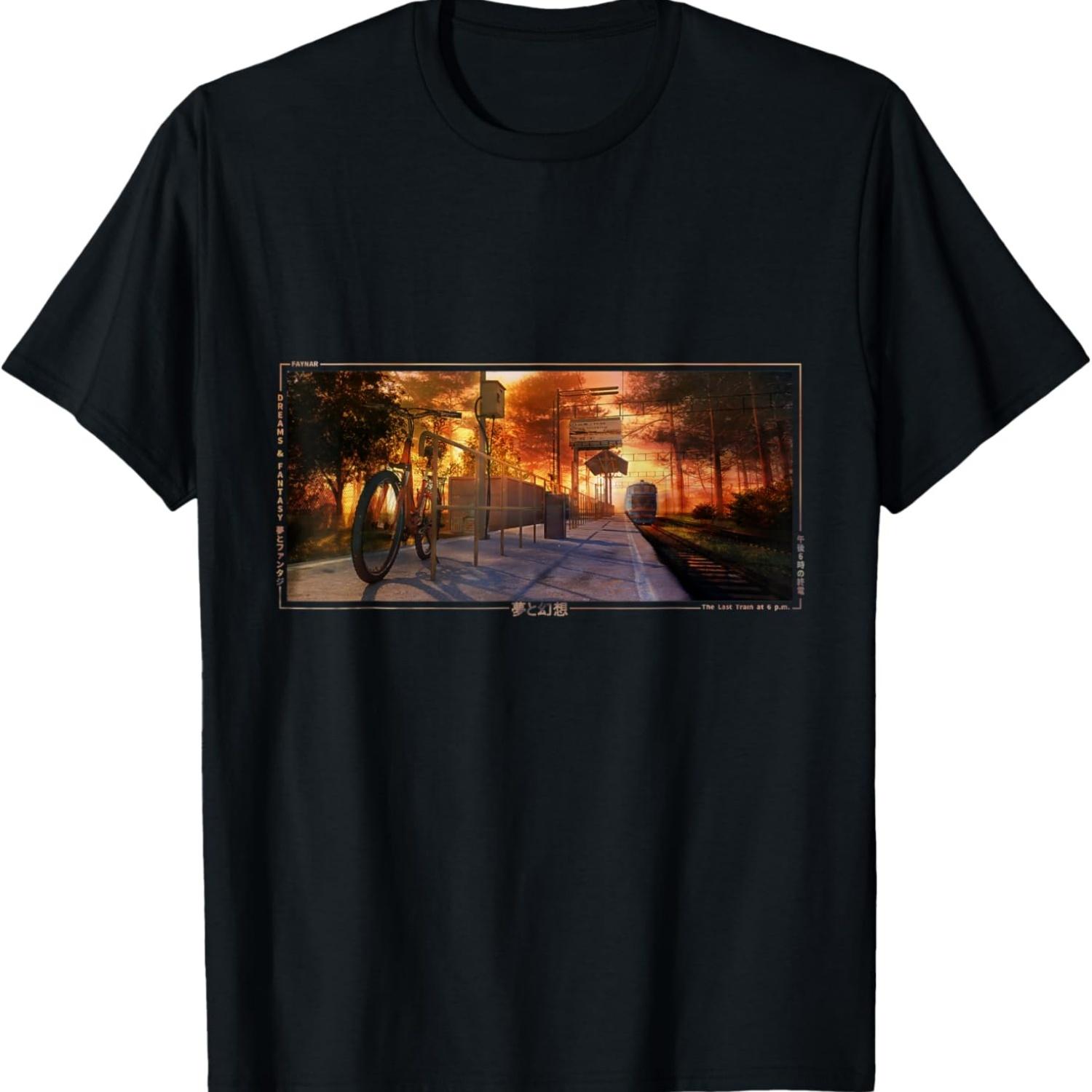 Anime Train Station in vaporwave aesthetic anime stylish T-Shirt S чёрный