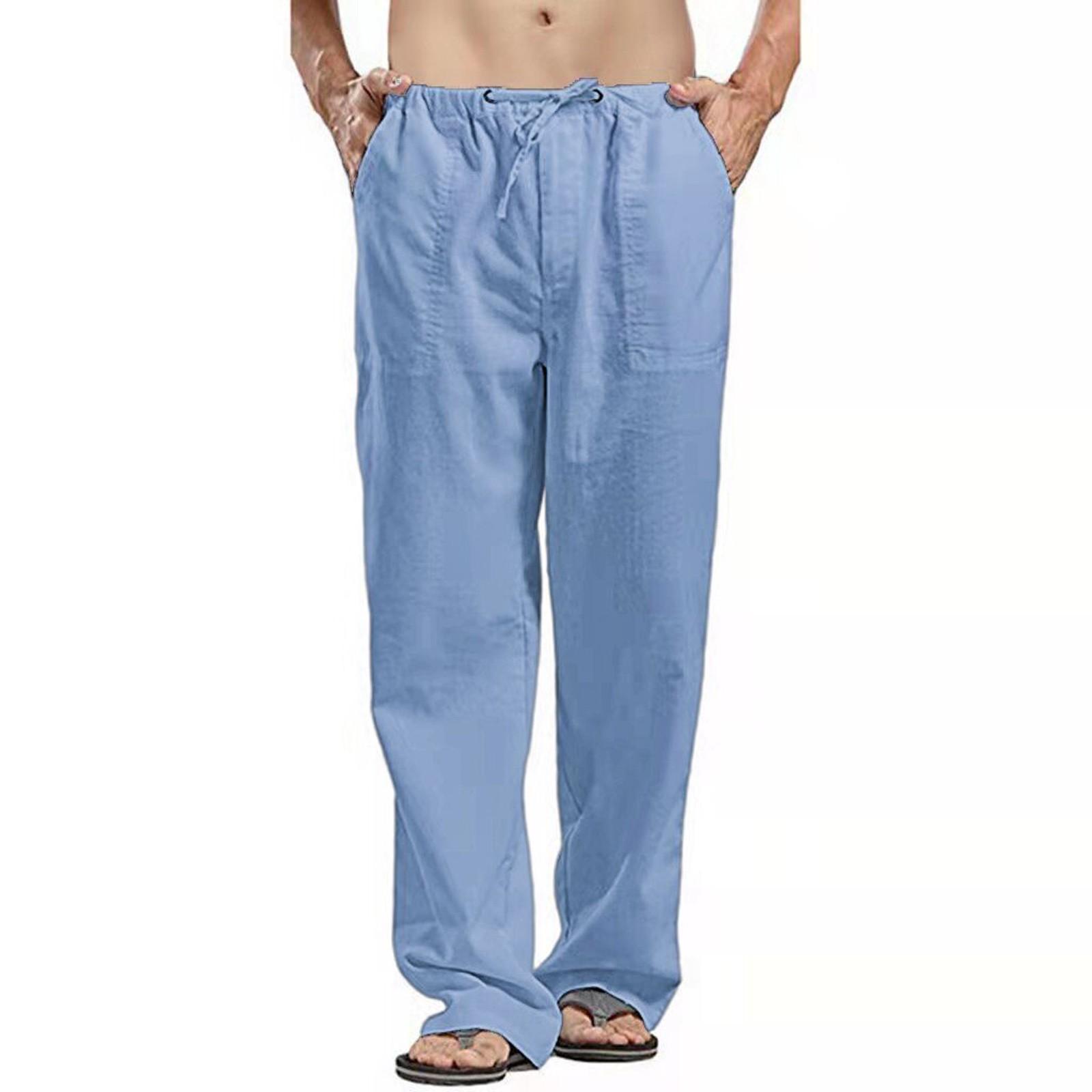 Men linen Splicing Overalls Casual Pocket Sport Work Casual Trouser Pants XXXL синий