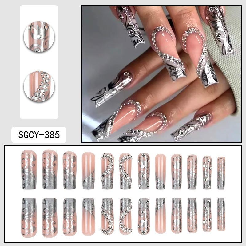 Cross‑border European & American silver long tapered press on nails, heart‑shaped & crushed rhinestone decor, hot‑selling new false nail patches.