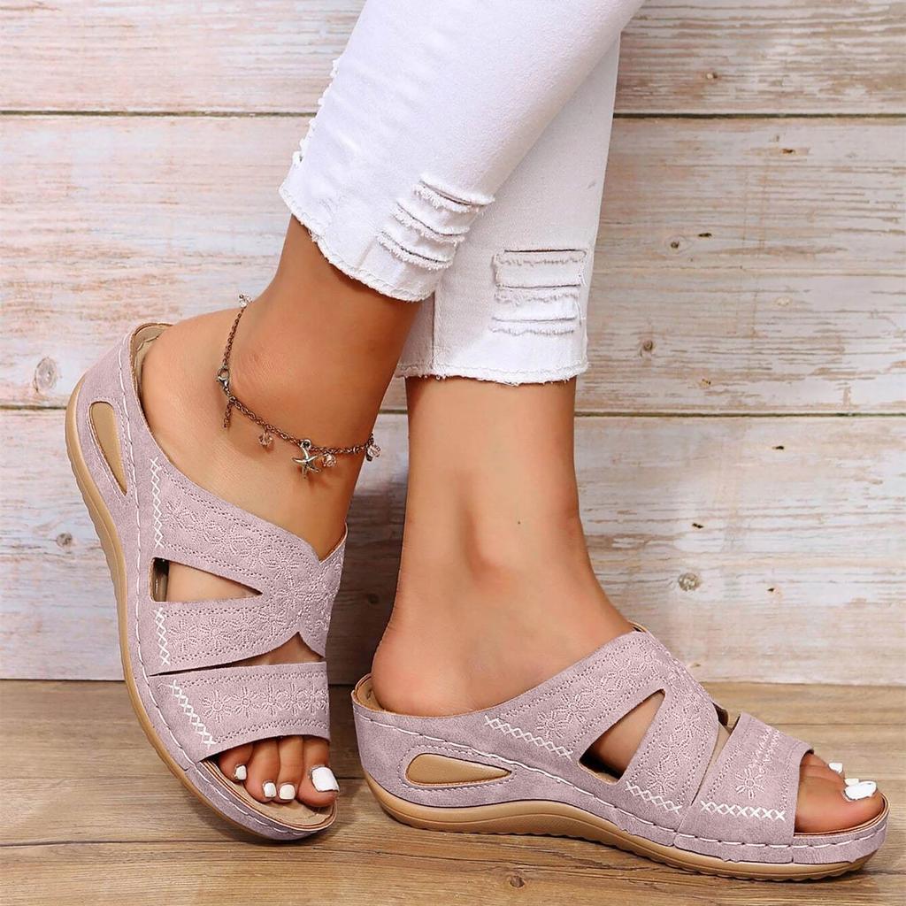 Women Wedge Slippers Premium Orthopedic Sandals Floral Embroidery Summer Open Toe Vintage Slippers Casual Platform Shoes Slides