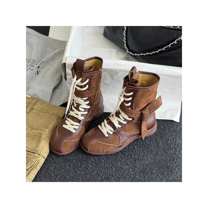 Sheepskin Version Retro Versatile Leather Boxing Boots Women's Short Boots Strap Side Zipper Outer Wear Mountaineering Training Martin Boots