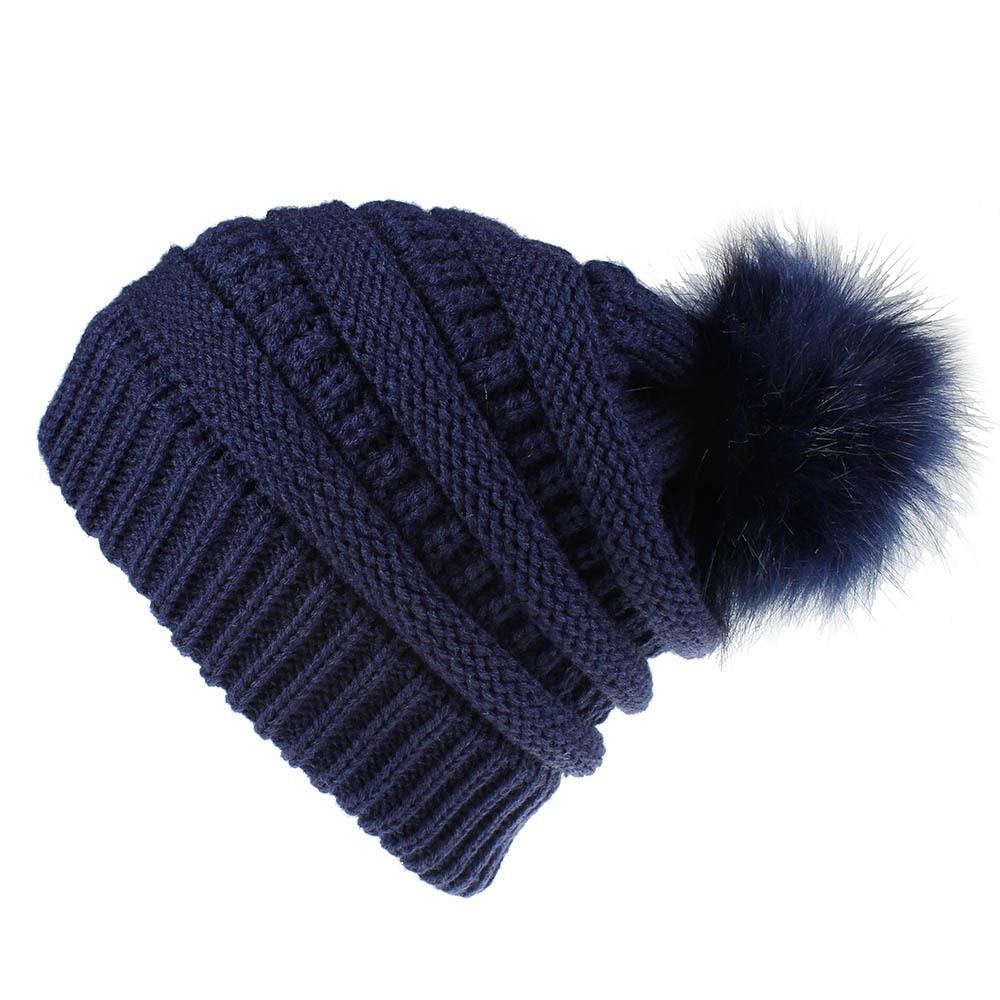 Gorro de punto trenzado de Color sólido con bola de zorro de piel sintética Otoño Invierno para mujer